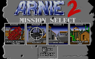 Arnie Savage: Combat Commando (DOS) screenshot: Title & Mission selection screen. You may take the missions in any order.