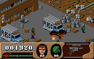 Arnie Savage: Combat Commando (DOS) screenshot: Heavy opposition at the factory building.