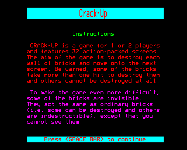 Crack-Up (BBC Micro) screenshot: Instructions