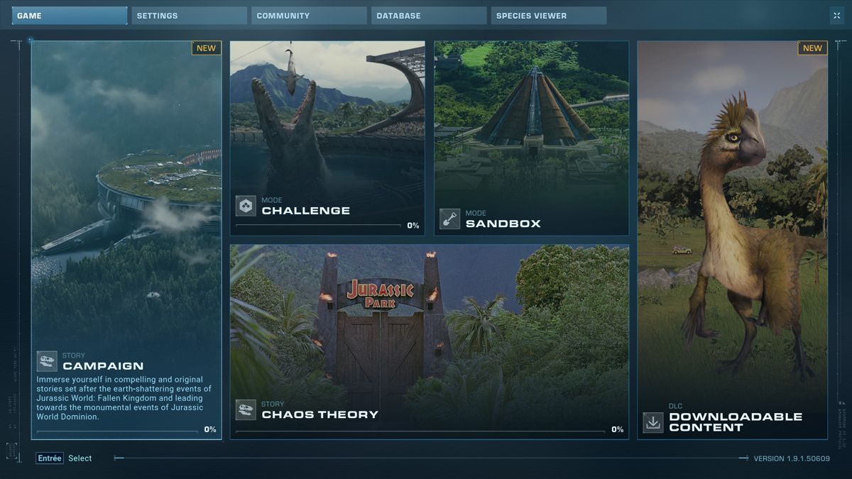 Jurassic World: Evolution 2 (Windows) screenshot: Main menu