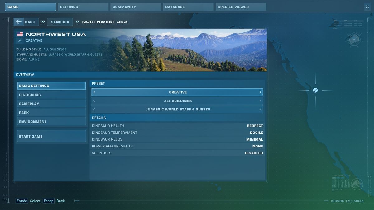 Jurassic World: Evolution 2 (Windows) screenshot: Setting up a new game in the Sandbox mode.