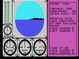 Dawn Patrol (MSX) screenshot: Ship's Log (F5): This allows to obtain information such as the assignment and course to the destination. This destination or assignment can vary from sinking an enemy convoy to picking up agents. (Eaglesoft)