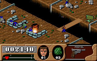 Arnie Savage: Combat Commando (DOS) screenshot: Use grenades to blow up MG nests.