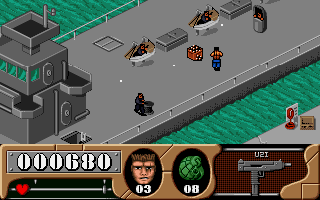 Arnie Savage: Combat Commando (DOS) screenshot: Enemy snipers hide in lifeboats and air vents.