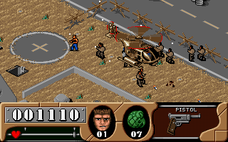 Arnie Savage: Combat Commando (DOS) screenshot: A helicopter took off to fly an attack run.