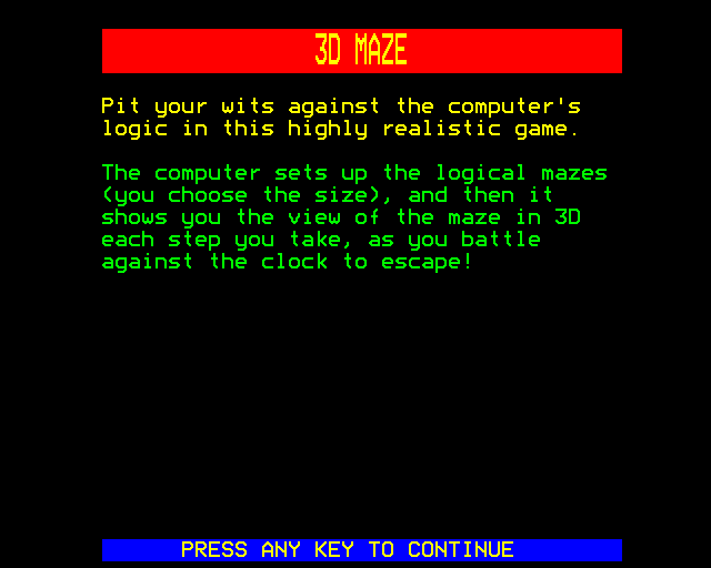 3-D Maze (BBC Micro) screenshot: Instructions