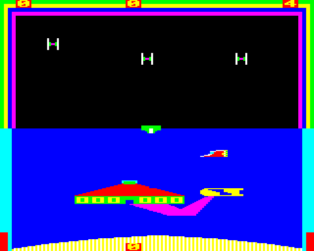 Stratobomber (BBC Micro) screenshot: Engaging the Laser Ship