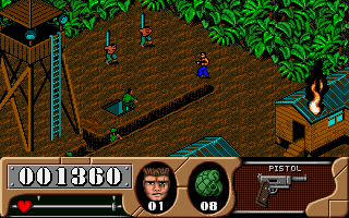 Arnie Savage: Combat Commando (DOS) screenshot: Rescue as many prisoners (tied to the poles) as possible.