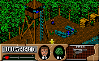 Arnie Savage: Combat Commando (DOS) screenshot: Guards in watchtowers throw grenades at you.