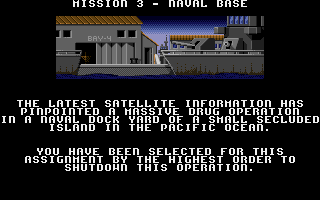 Arnie Savage: Combat Commando (DOS) screenshot: Mission description: the naval base.