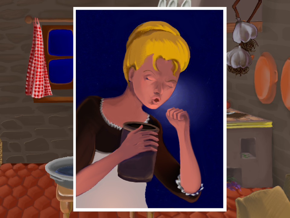 A Night in Berry (Windows) screenshot: Closeup of Mathilde inspecting the contents of a pot