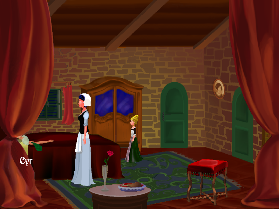 A Night in Berry (Windows) screenshot: Mathilde's father Cyr lies unconsious on the bed