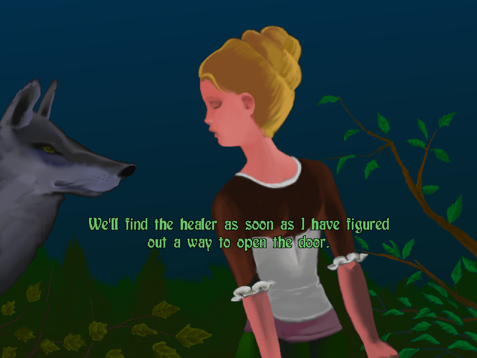 A Night in Berry (Windows) screenshot: Mathilde talks to the leader of the pack