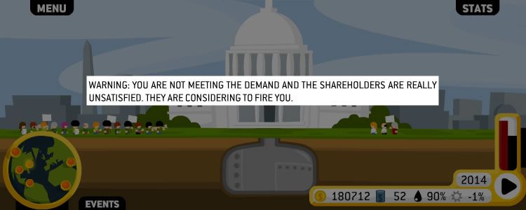 Oiligarchy (Browser) screenshot: Build more wells to meet the demand as the oil addiction increases.