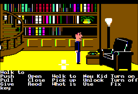 Maniac Mansion (Apple II) screenshot: Exploring the library
