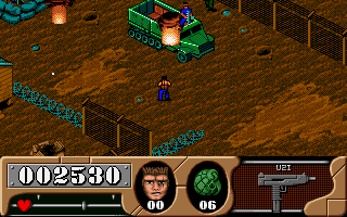 Arnie Savage: Combat Commando (DOS) screenshot: An MG truck blocks the path. It's grenade time!
