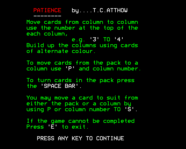 Pontoon & Patience (BBC Micro) screenshot: Patience: Instructions