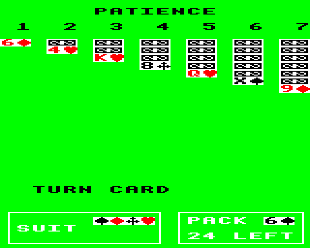 Pontoon & Patience (BBC Micro) screenshot: Patience: Starting a Game