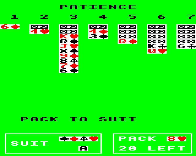Pontoon & Patience (BBC Micro) screenshot: Patience: Playing Cards