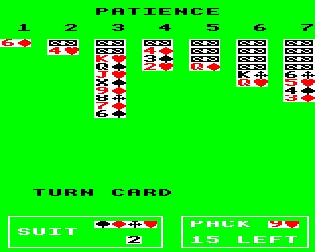 Pontoon & Patience (BBC Micro) screenshot: Patience: I'm Stuck