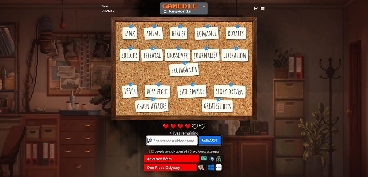 Gamedle (Browser) screenshot: Keywords mode