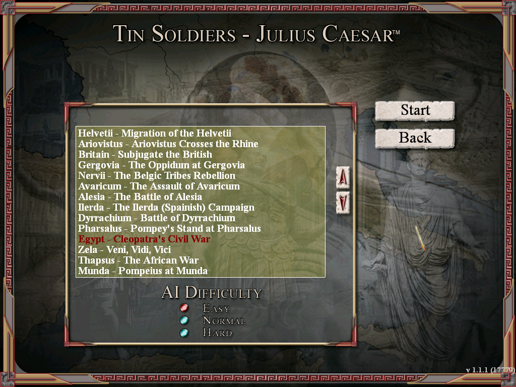 Tin Soldiers: Julius Caesar (Windows) screenshot: Battle selection screen