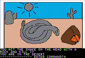 Hi-Res Adventure #2: The Wizard and the Princess (Apple II) screenshot: YOU HIT THE SNAKE ON THE HEAD WITH A ROCK AND KILL IT