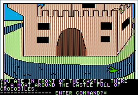 Hi-Res Adventure #2: The Wizard and the Princess (Apple II) screenshot: A castle; how can I cross this moat?