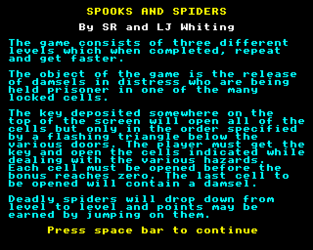 Spooks & Spiders (BBC Micro) screenshot: Instructions