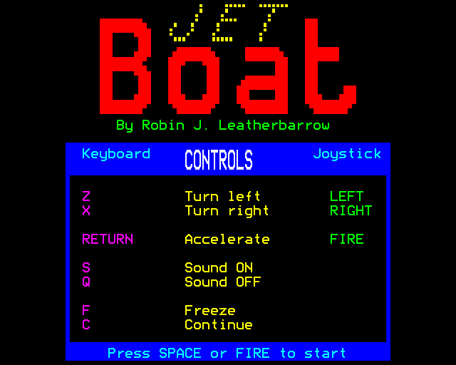 Jet Boat (BBC Micro) screenshot: Instructions