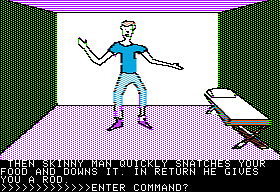 The Demon's Forge (Apple II) screenshot: Here's the skinny man; can he help with anything?
