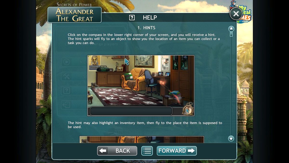 Alexander the Great: Secrets of Power (Windows) screenshot: Each HELP menu option has example screens as well as text