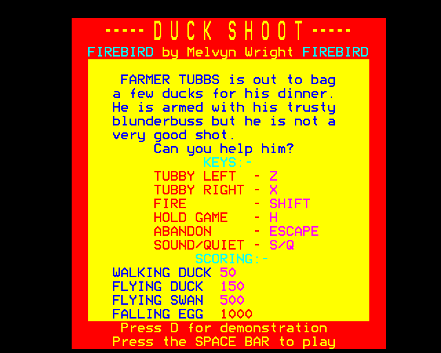 Duck! (BBC Micro) screenshot: Commands