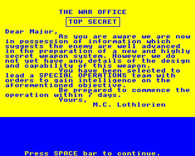 Special Operations (BBC Micro) screenshot: The Mission