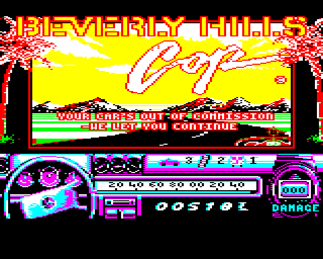 Beverly Hills Cop (BBC Micro) screenshot: Crashed
