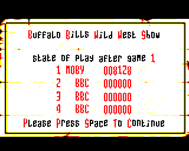 Buffalo Bill's Wild West Show (BBC Micro) screenshot: Current Scores