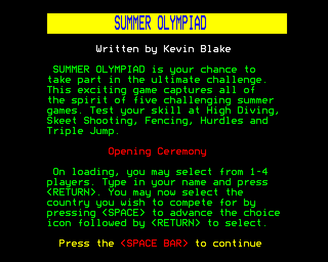 Summer Challenge (BBC Micro) screenshot: Instructions