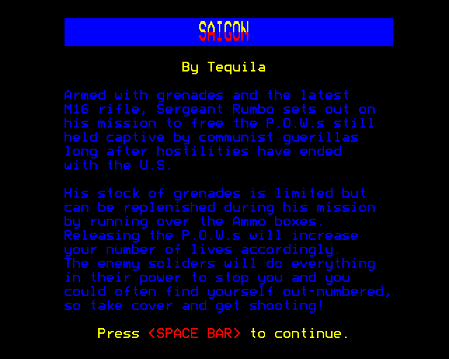 Saigon (BBC Micro) screenshot: Instructions