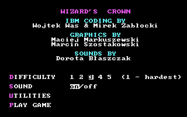 Wizard's Crown (DOS) screenshot: The beginning screen -- note the option to select the difficulty level!
