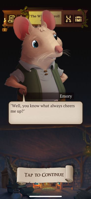 The Lost Legends of Redwall (iPhone) screenshot: Talking with the character Emory during The Wildcat Scroll story