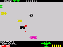 Night Gunner (ZX Spectrum) screenshot: Dropping bombs on the tank