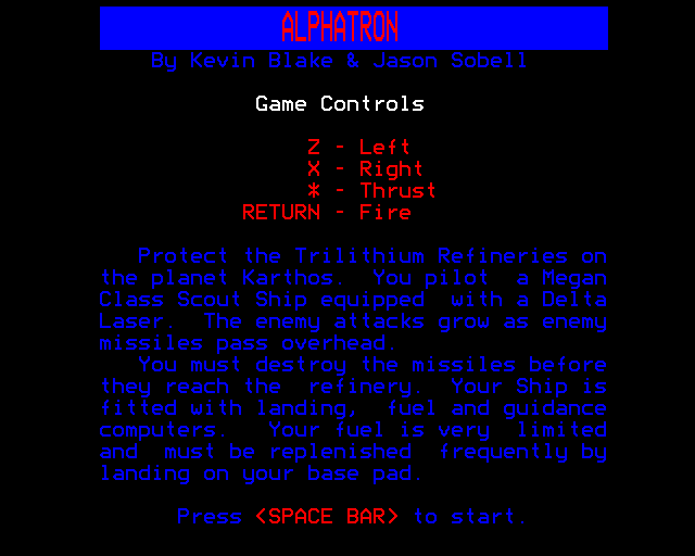 Alphatron (BBC Micro) screenshot: Instructions