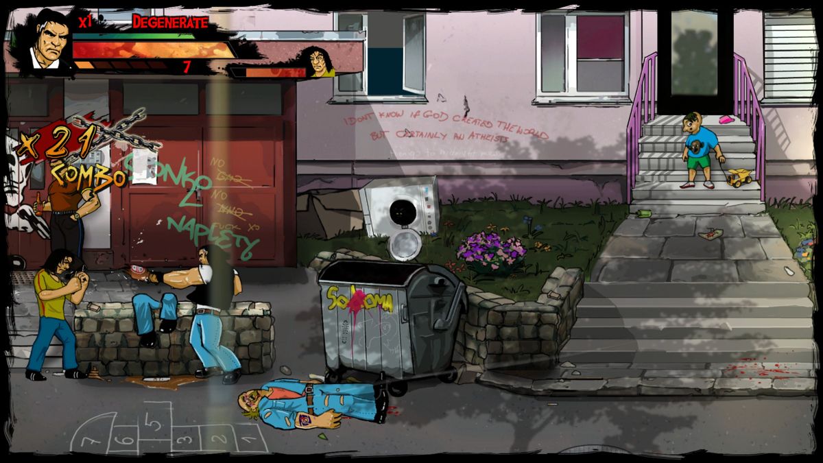 Skinny & Franko: Fists of Violence (Windows) screenshot: You can also pick up weapons such a baseball bats and bottles.