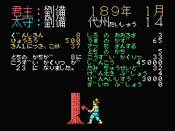 Romance of the Three Kingdoms (MSX) screenshot: Increasing production capacity by conducting land clearing and flood control work. The land value will increase and flood probability will decrease. Effects vary depending on the ability of the military commander used and the amount of money spent.