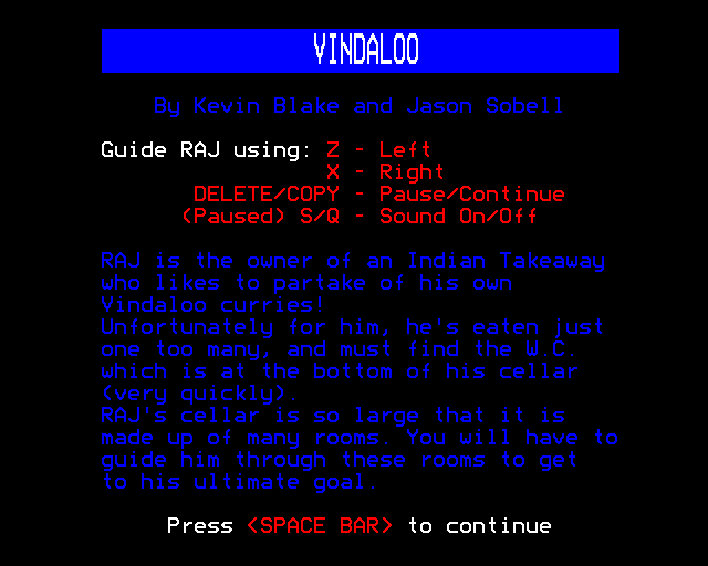 Vindaloo (BBC Micro) screenshot: Instructions