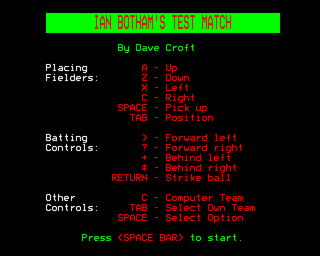 Ian Botham's Test Match (BBC Micro) screenshot: Instructions