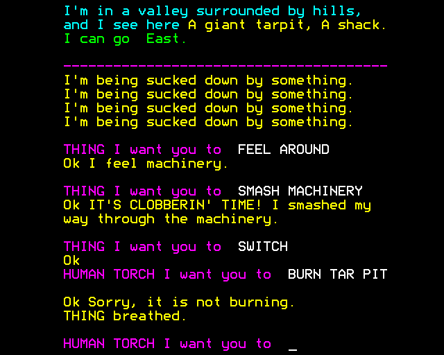Questprobe: Featuring Human Torch and the Thing (BBC Micro) screenshot: Sucked into Tar