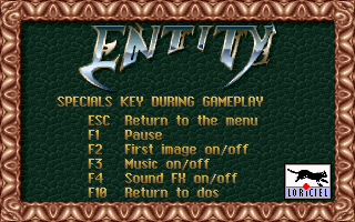 Entity (DOS) screenshot: Game Menu (CD version)
