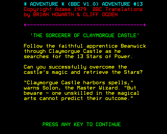 Sorcerer of Claymorgue Castle (BBC Micro) screenshot: Instructions