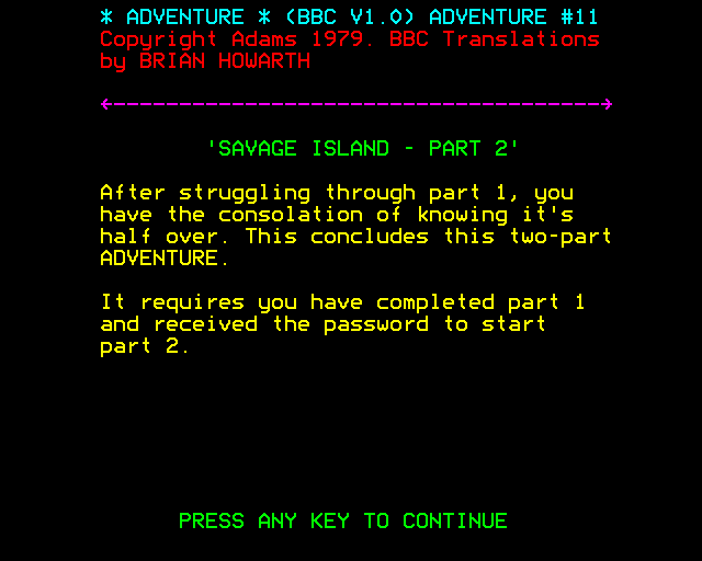 Savage Island Part Two (BBC Micro) screenshot: Introduction